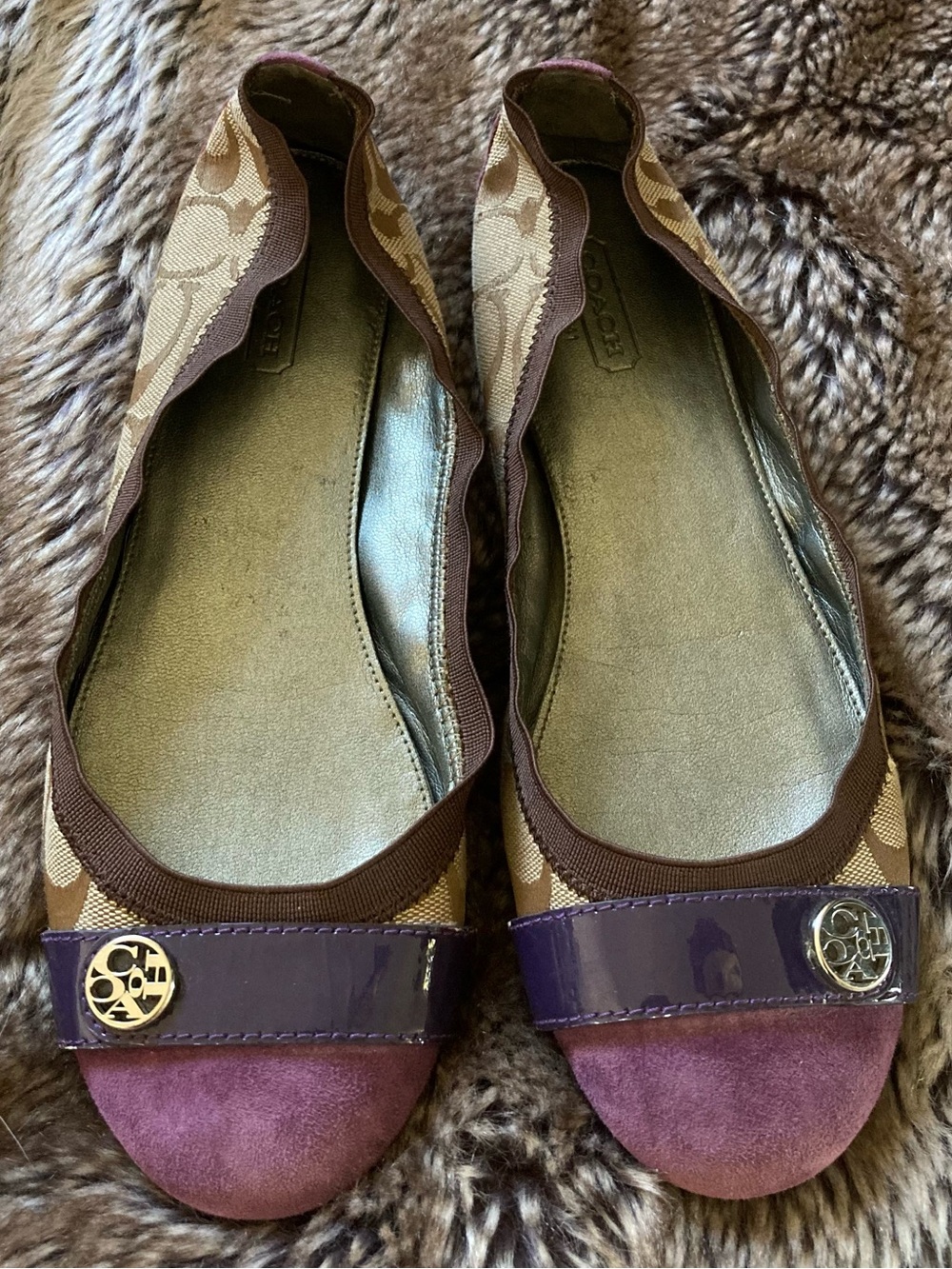 Coach Brown and Purple Logo Ballet Flats